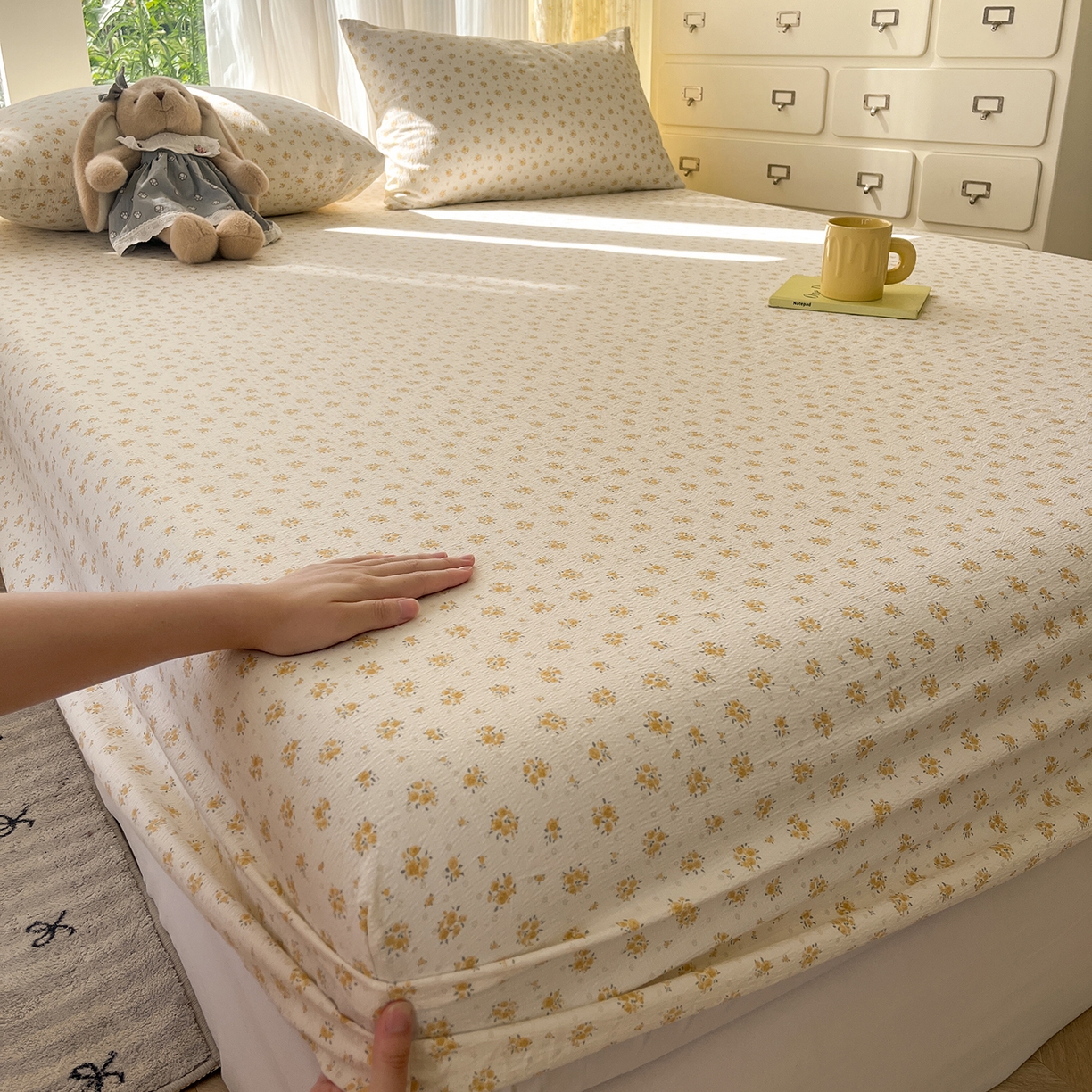 91家纺网 家纺一手货源 找家纺 沐芷 2025 沐芷A类双层纱床笠单件/床笠三件套  床笠款床罩床垫保护套罩 橘子海