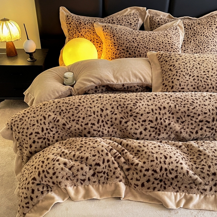 91家纺网 家纺一手货源 找家纺 库里梦家纺 2025新款网红直播爆款獭兔毛豹纹-A版兔毛绒B版牛奶绒四件套-豹纹 深咖豹纹-卡其