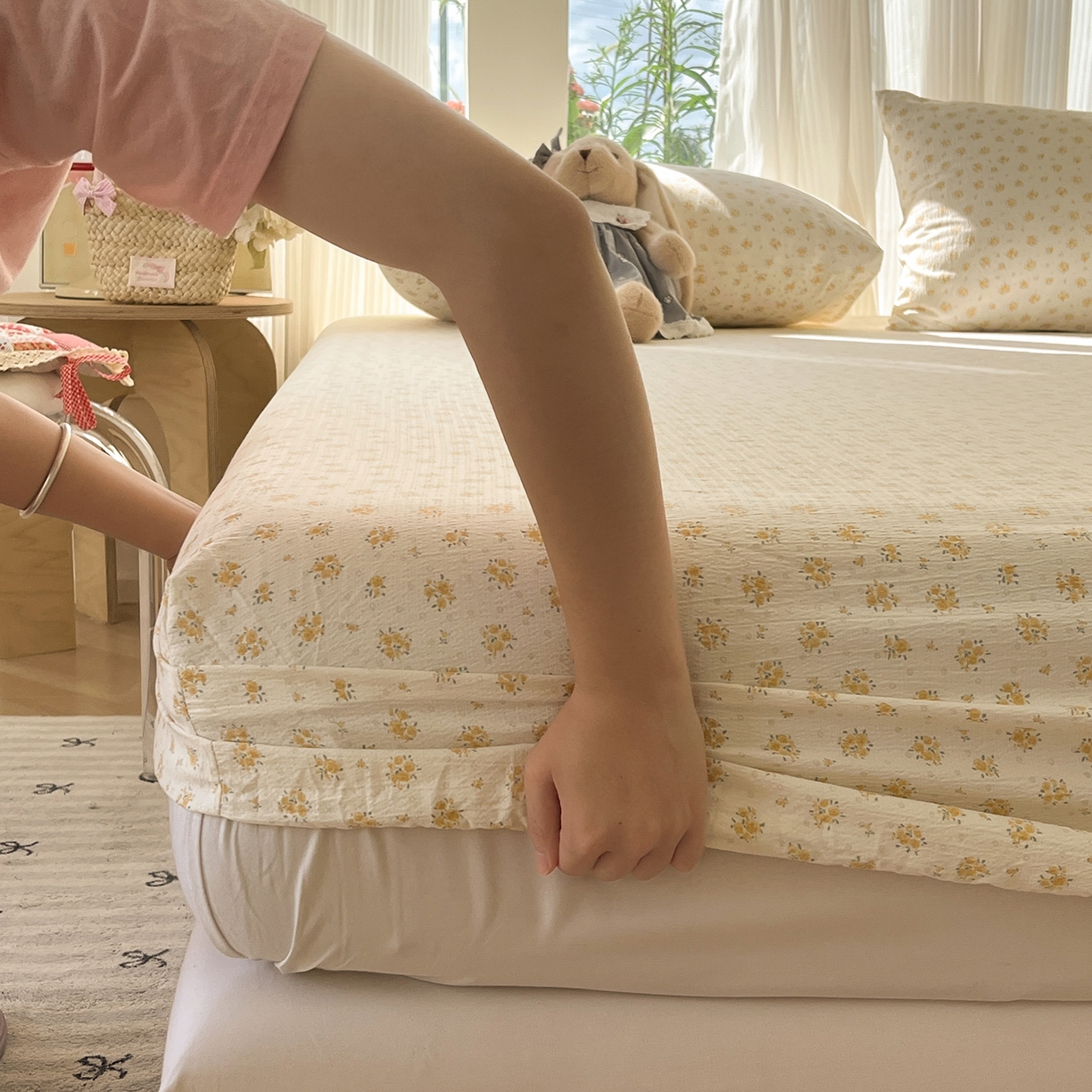 91家纺网 家纺一手货源 找家纺 沐芷 2025 沐芷A类双层纱床笠单件/床笠三件套  床笠款床罩床垫保护套罩 橘子海