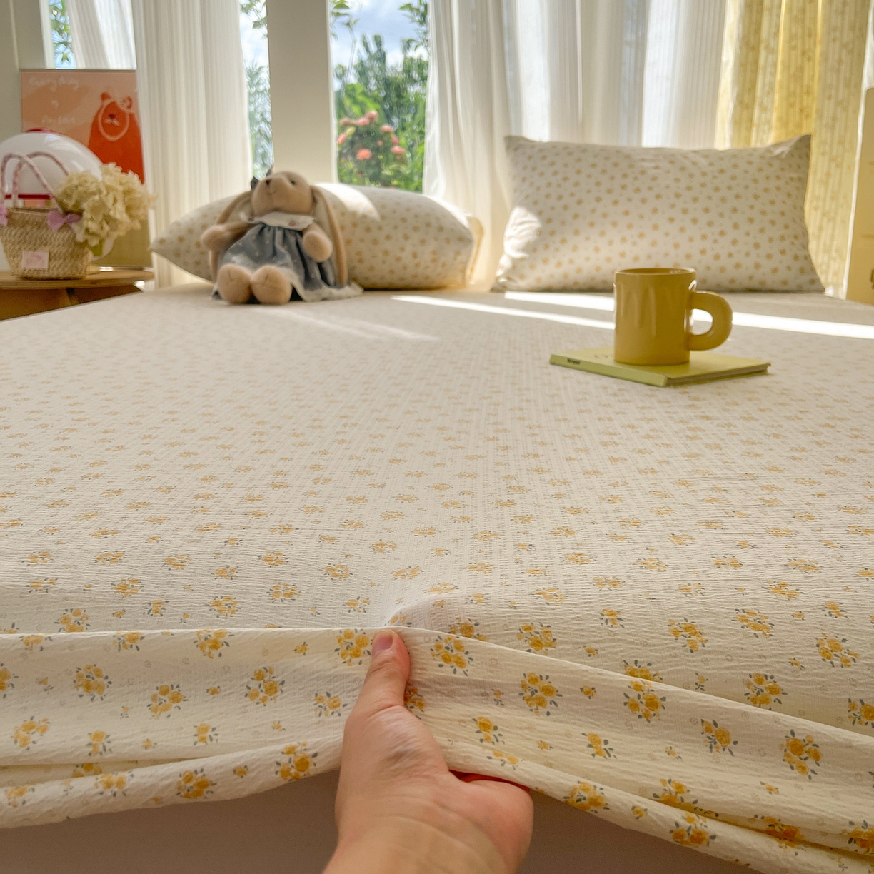 91家纺网 家纺一手货源 找家纺 沐芷 2025 沐芷A类双层纱床笠单件/床笠三件套  床笠款床罩床垫保护套罩 橘子海