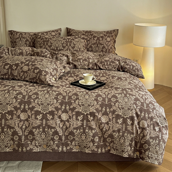 91家纺网 家纺一手货源 找家纺 仟网汇  2025新款亚麻纽扣款四件套 花夕棕