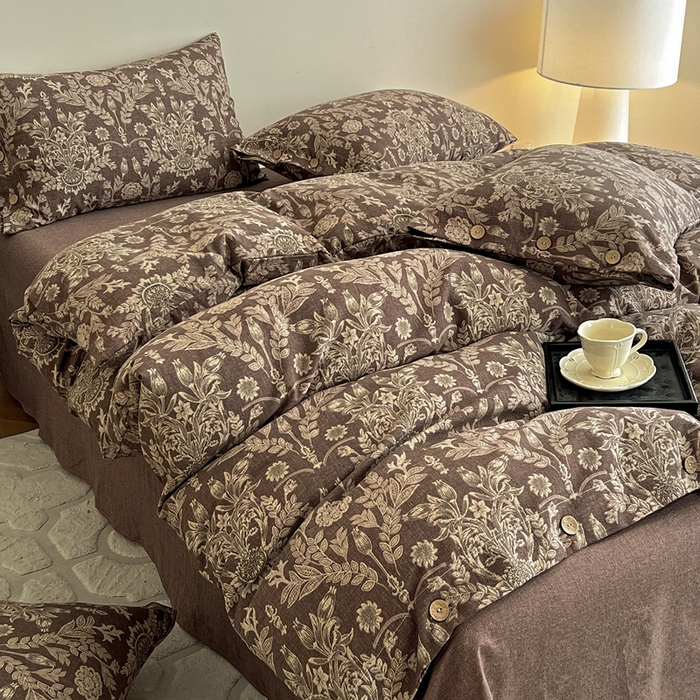 91家纺网 家纺一手货源 找家纺 仟网汇  2025新款亚麻纽扣款四件套 花夕棕