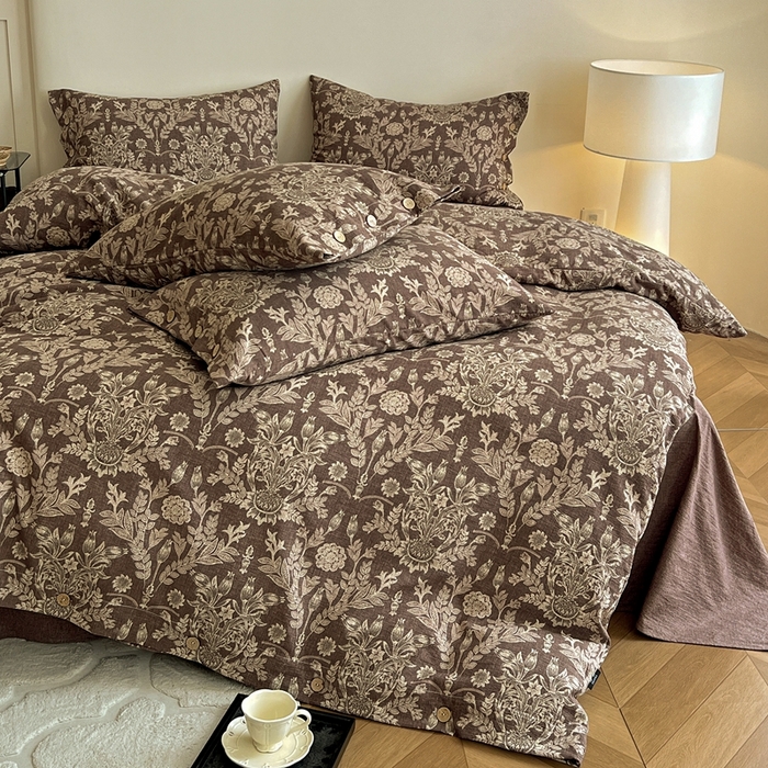 91家纺网 家纺一手货源 找家纺 仟网汇  2025新款亚麻纽扣款四件套 花夕棕