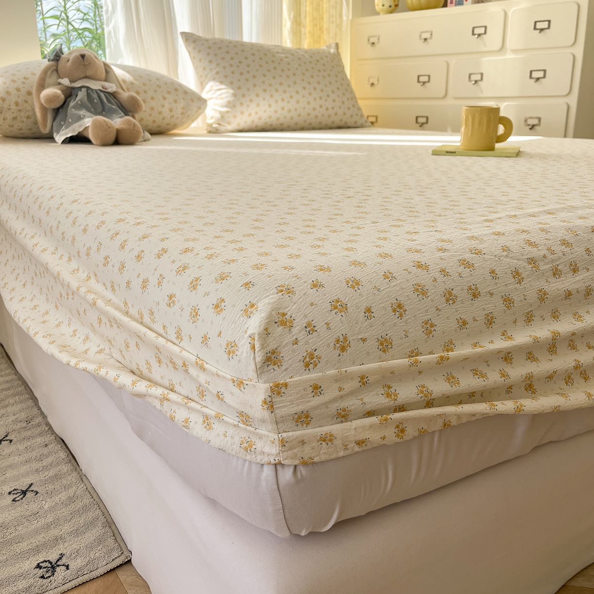 91家纺网 家纺一手货源 找家纺 沐芷 2025 沐芷A类双层纱床笠单件/床笠三件套  床笠款床罩床垫保护套罩 橘子海