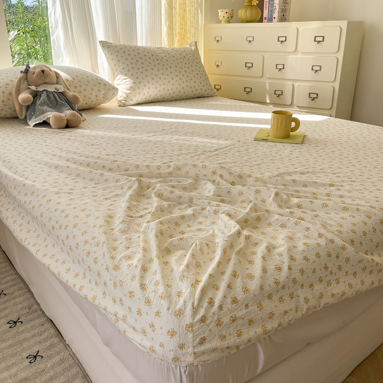 91家纺网 家纺一手货源 找家纺 沐芷 2025 沐芷A类双层纱床笠单件/床笠三件套  床笠款床罩床垫保护套罩 橘子海