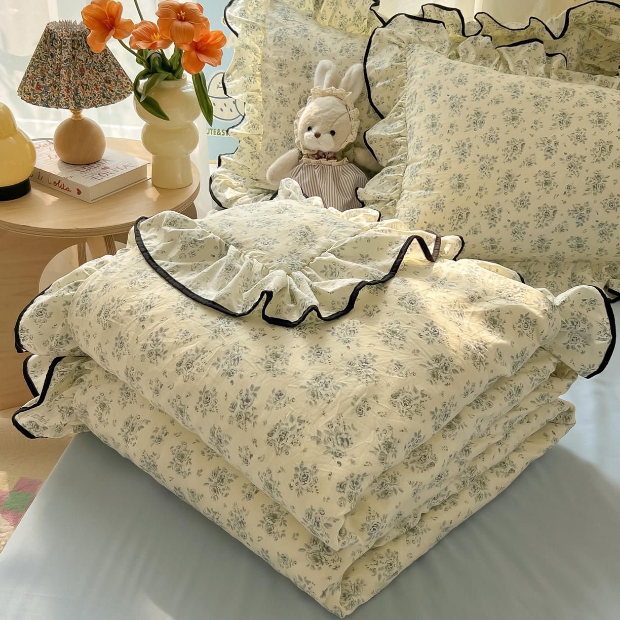 韩巢家纺 2025新款水洗棉大花边被套四件套直播热销款学生宿舍被罩床单三件套（提供卖家秀） 春日与玫瑰【大花边款】