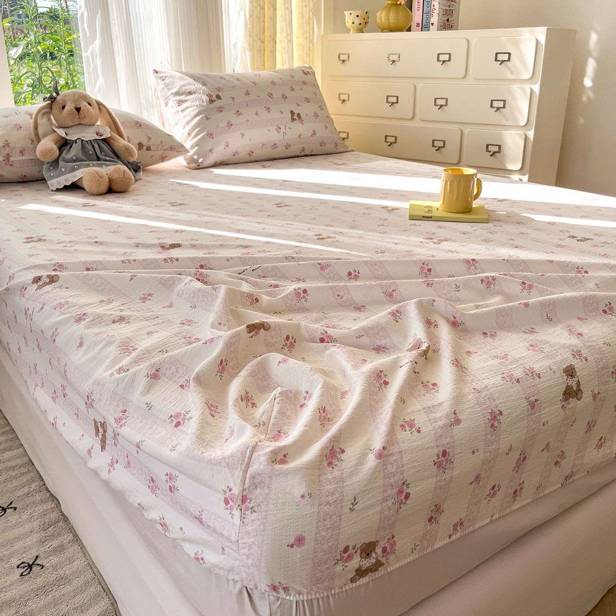 91家纺网 家纺一手货源 找家纺 沐芷 2025 沐芷A类双层纱床笠单件/床笠三件套  床笠款床罩床垫保护套罩 玫瑰熊