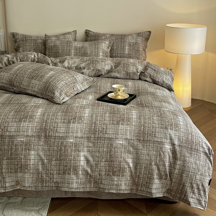 91家纺网 家纺一手货源 找家纺 仟网汇  2025新款亚麻纽扣款四件套 流光咖