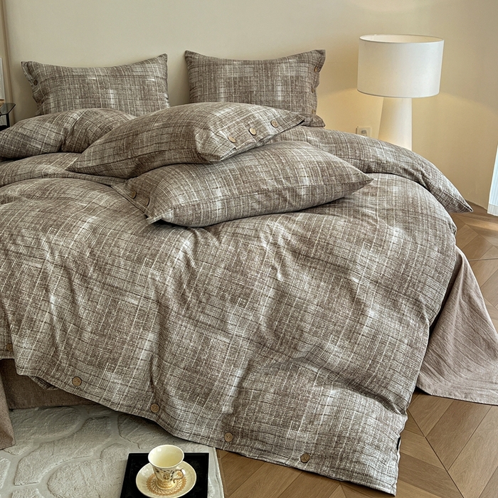 91家纺网 家纺一手货源 找家纺 仟网汇  2025新款亚麻纽扣款四件套 流光咖