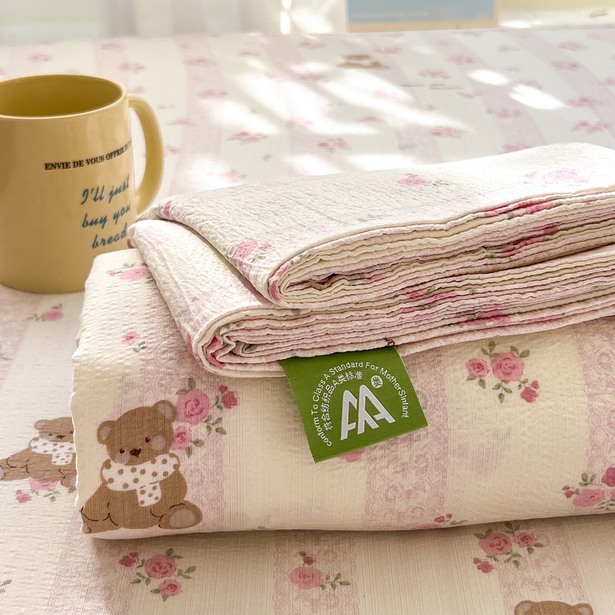 91家纺网 家纺一手货源 找家纺 沐芷 2025 沐芷A类双层纱床笠单件/床笠三件套  床笠款床罩床垫保护套罩 玫瑰熊