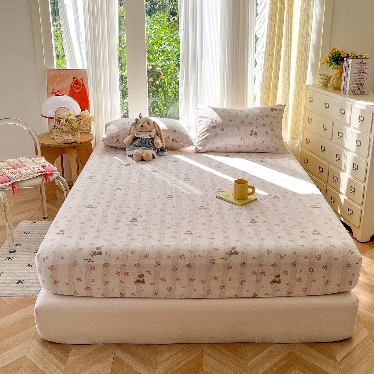 91家纺网 家纺一手货源 找家纺 沐芷 2025 沐芷A类双层纱床笠单件/床笠三件套  床笠款床罩床垫保护套罩 玫瑰熊