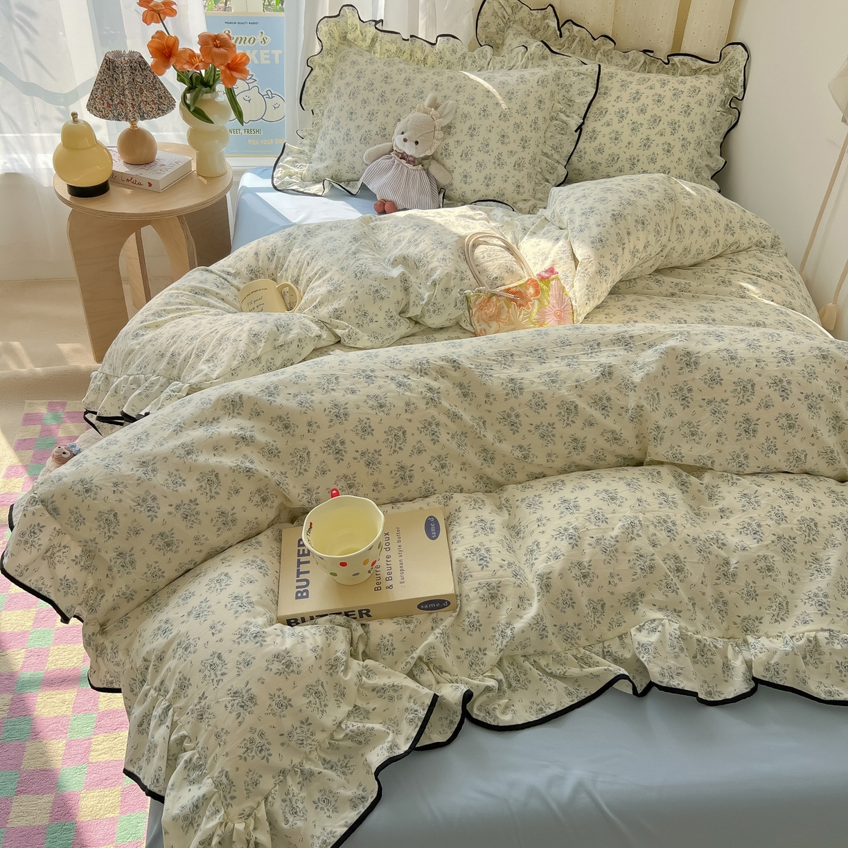 91家纺网 家纺一手货源 找家纺 韩巢家纺 2025新款水洗棉大花边被套四件套直播热销款学生宿舍被罩床单三件套（提供卖家秀） 春日与玫瑰【大花边款】