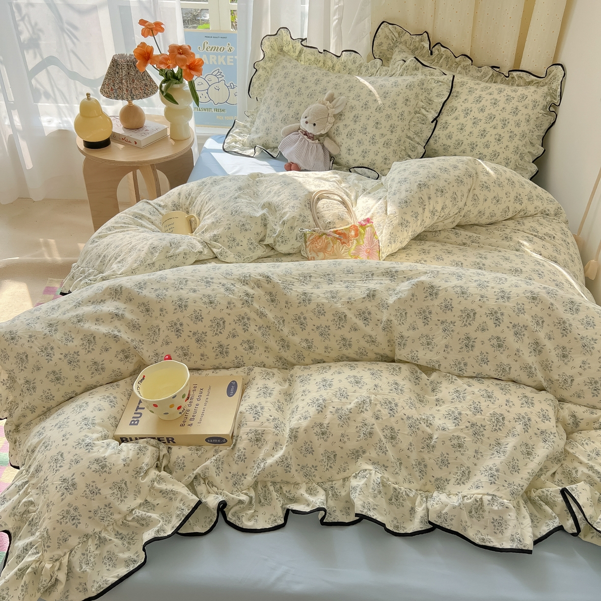 91家纺网 家纺一手货源 找家纺 韩巢家纺 2025新款水洗棉大花边被套四件套直播热销款学生宿舍被罩床单三件套（提供卖家秀） 春日与玫瑰【大花边款】
