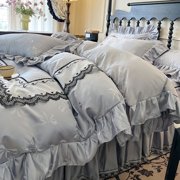 91家纺网 家纺一手货源 找家纺 网红馆（ck家纺）2025新款提花蕾丝边床裙四件套-相思蝶 相思蝶-灰