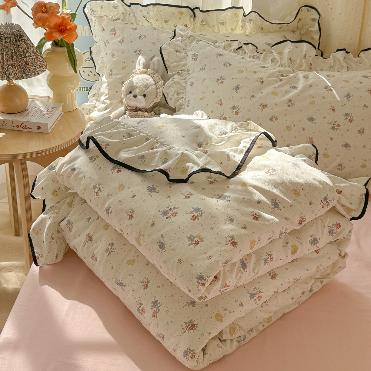 韩巢家纺 2025新款水洗棉大花边被套四件套直播热销款学生宿舍被罩床单三件套（提供卖家秀） 繁花似梦【大花边款】