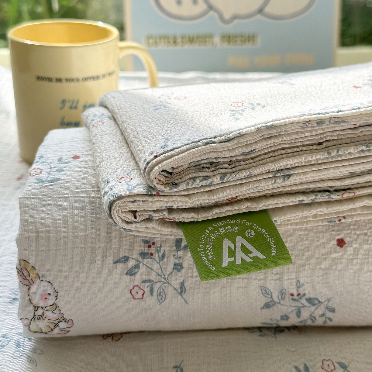 91家纺网 家纺一手货源 找家纺 沐芷 2025 沐芷A类双层纱床笠单件/床笠三件套  床笠款床罩床垫保护套罩 徘徊兔兔