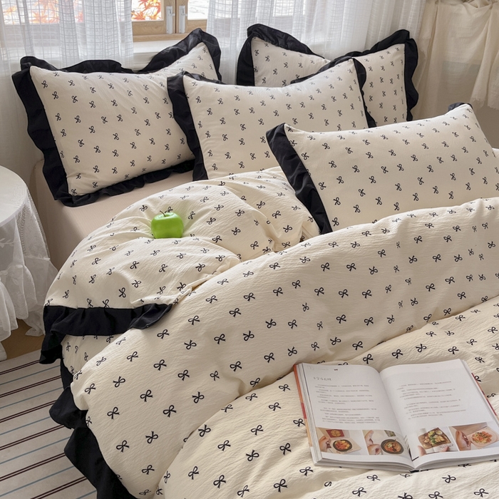 91家纺网 家纺一手货源 找家纺 （总）库里梦家纺 2025新款韩版花边小清新色织水洗双层纱木棉四件套