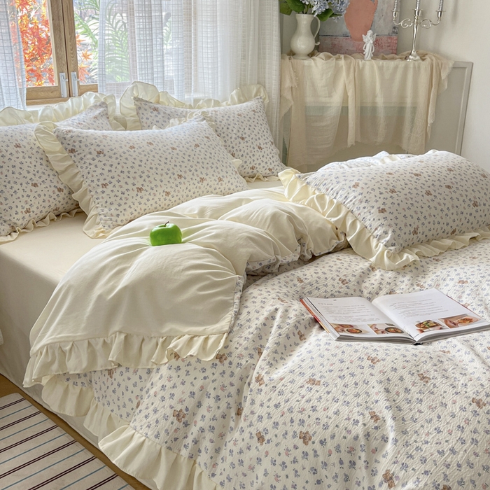 91家纺网 家纺一手货源 找家纺 库里梦家纺 2025新款韩版花边小清新色织水洗双层纱木棉四件套 南枝紫