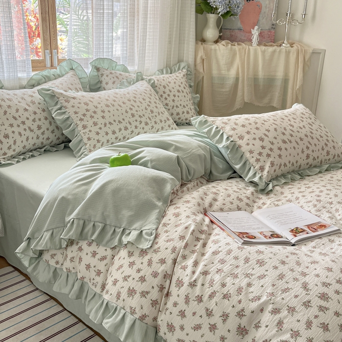 库里梦家纺 2025新款韩版花边小清新色织水洗双层纱木棉四件套 语彩