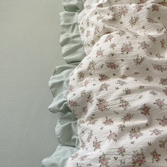 91家纺网 家纺一手货源 找家纺 库里梦家纺 2025新款韩版花边小清新色织水洗双层纱木棉四件套 语彩