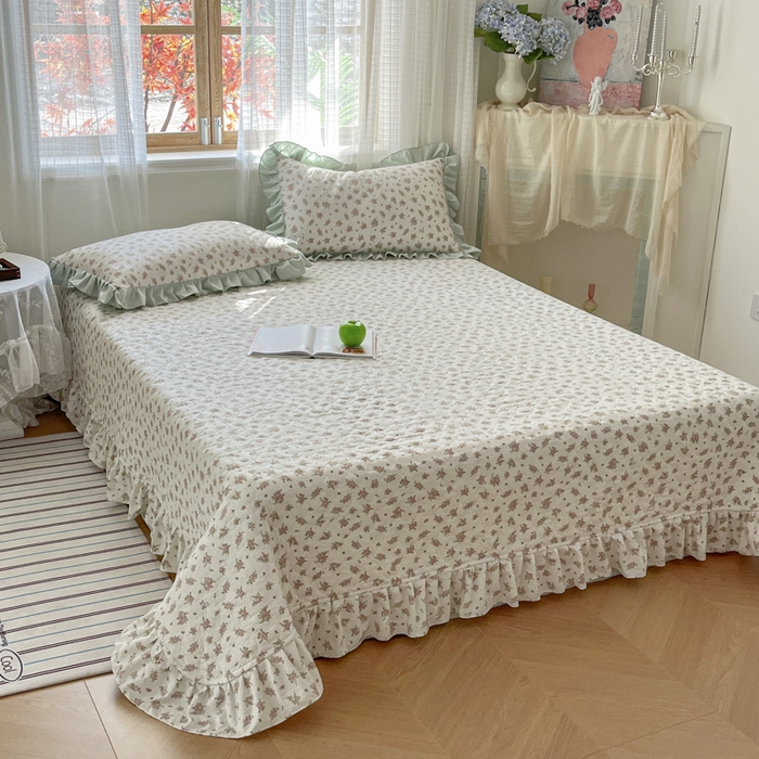 91家纺网 家纺一手货源 找家纺 库里梦家纺 2025新款韩版花边小清新色织水洗双层纱木棉四件套 语彩