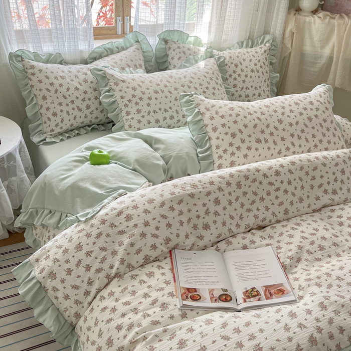 91家纺网 家纺一手货源 找家纺 库里梦家纺 2025新款韩版花边小清新色织水洗双层纱木棉四件套 语彩