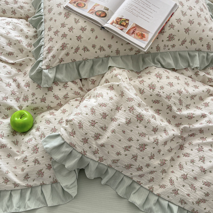 91家纺网 家纺一手货源 找家纺 库里梦家纺 2025新款韩版花边小清新色织水洗双层纱木棉四件套 语彩