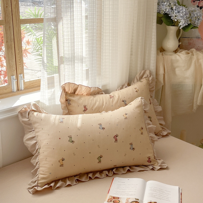 91家纺网 家纺一手货源 找家纺 库里梦家纺 2025新款韩版花边小清新色织水洗双层纱木棉四件套 腊肠犬