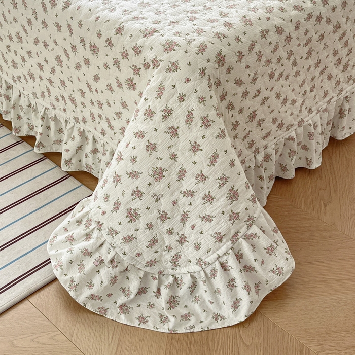 91家纺网 家纺一手货源 找家纺 库里梦家纺 2025新款韩版花边小清新色织水洗双层纱木棉四件套 语彩