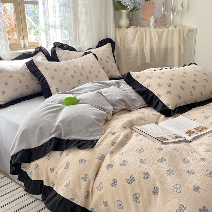 库里梦家纺 2025新款韩版花边小清新色织水洗双层纱木棉四件套 结美