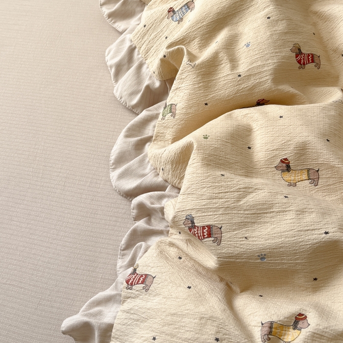 91家纺网 家纺一手货源 找家纺 库里梦家纺 2025新款韩版花边小清新色织水洗双层纱木棉四件套 腊肠犬