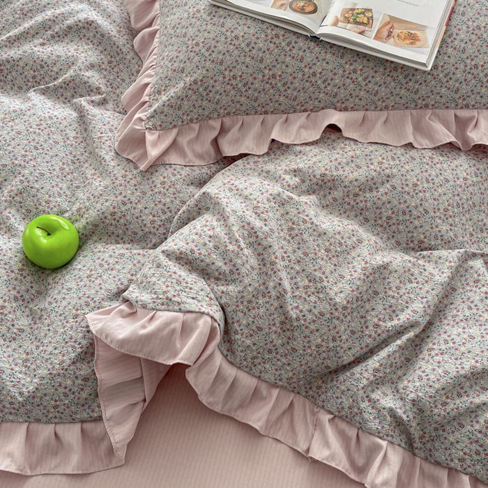 91家纺网 家纺一手货源 找家纺 库里梦家纺 2025新款韩版花边小清新色织水洗双层纱木棉四件套 华美爱恋