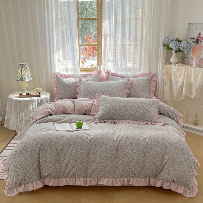 91家纺网 家纺一手货源 找家纺 库里梦家纺 2025新款韩版花边小清新色织水洗双层纱木棉四件套 华美爱恋