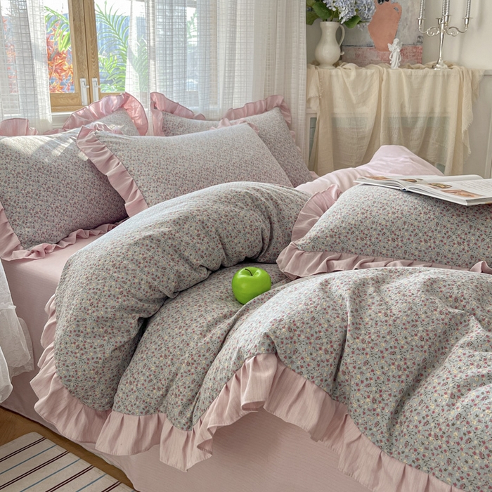 91家纺网 家纺一手货源 找家纺 库里梦家纺 2025新款韩版花边小清新色织水洗双层纱木棉四件套 华美爱恋