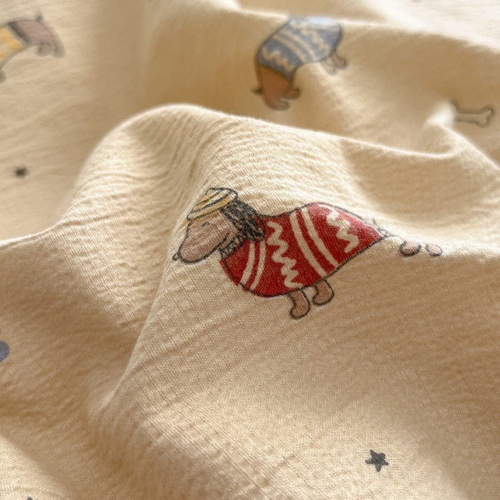 91家纺网 家纺一手货源 找家纺 库里梦家纺 2025新款韩版花边小清新色织水洗双层纱木棉四件套 腊肠犬