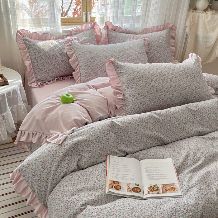 91家纺网 家纺一手货源 找家纺 库里梦家纺 2025新款韩版花边小清新色织水洗双层纱木棉四件套 华美爱恋