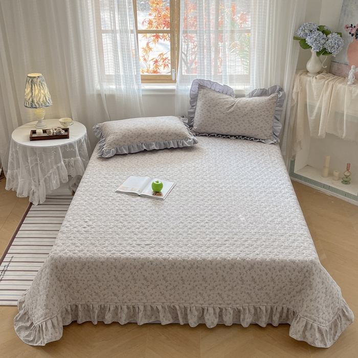 91家纺网 家纺一手货源 找家纺 库里梦家纺 2025新款韩版花边小清新色织水洗双层纱木棉四件套 小叶蔓