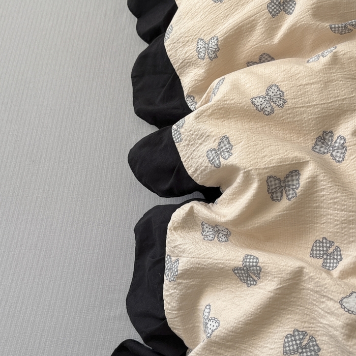 91家纺网 家纺一手货源 找家纺 库里梦家纺 2025新款韩版花边小清新色织水洗双层纱木棉四件套 结美