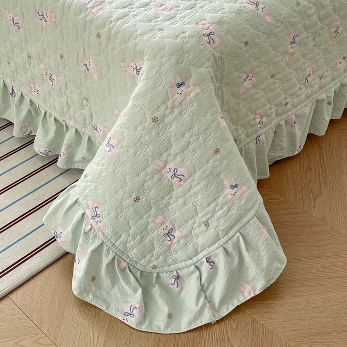 91家纺网 家纺一手货源 找家纺 库里梦家纺 2025新款韩版花边小清新色织水洗双层纱木棉四件套 花园兔