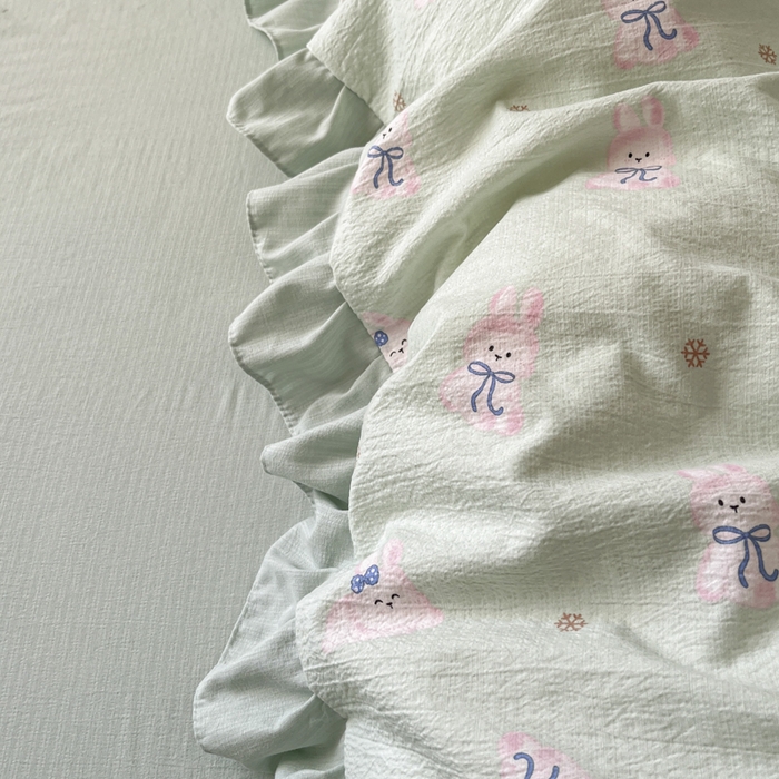 91家纺网 家纺一手货源 找家纺 库里梦家纺 2025新款韩版花边小清新色织水洗双层纱木棉四件套 花园兔