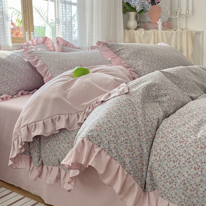 91家纺网 家纺一手货源 找家纺 库里梦家纺 2025新款韩版花边小清新色织水洗双层纱木棉四件套 华美爱恋