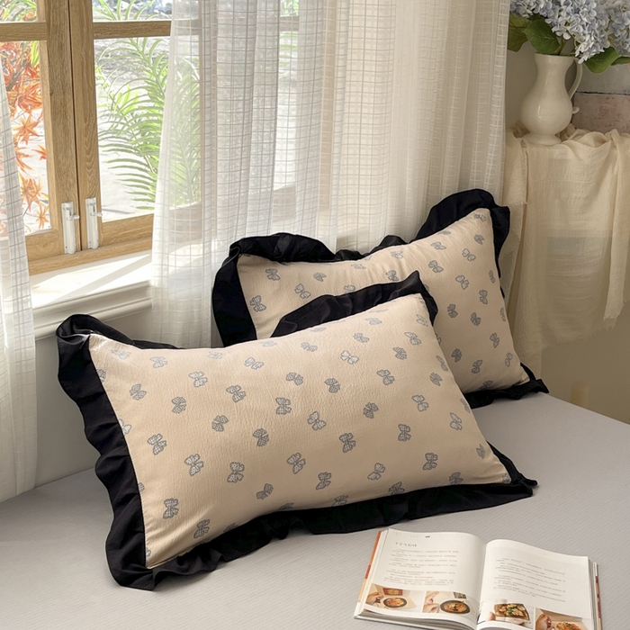 91家纺网 家纺一手货源 找家纺 库里梦家纺 2025新款韩版花边小清新色织水洗双层纱木棉四件套 结美