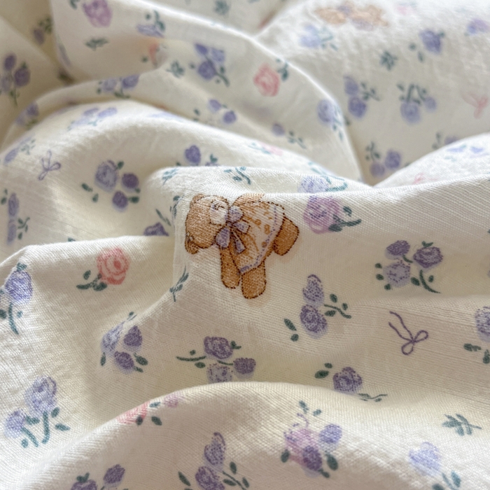 91家纺网 家纺一手货源 找家纺 库里梦家纺 2025新款韩版花边小清新色织水洗双层纱木棉四件套 南枝紫