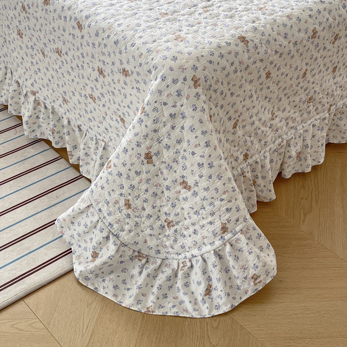 91家纺网 家纺一手货源 找家纺 库里梦家纺 2025新款韩版花边小清新色织水洗双层纱木棉四件套 南枝紫