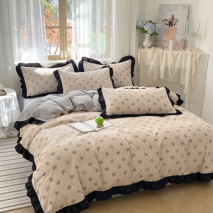 91家纺网 家纺一手货源 找家纺 库里梦家纺 2025新款韩版花边小清新色织水洗双层纱木棉四件套 结美