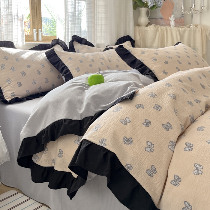 91家纺网 家纺一手货源 找家纺 库里梦家纺 2025新款韩版花边小清新色织水洗双层纱木棉四件套 结美