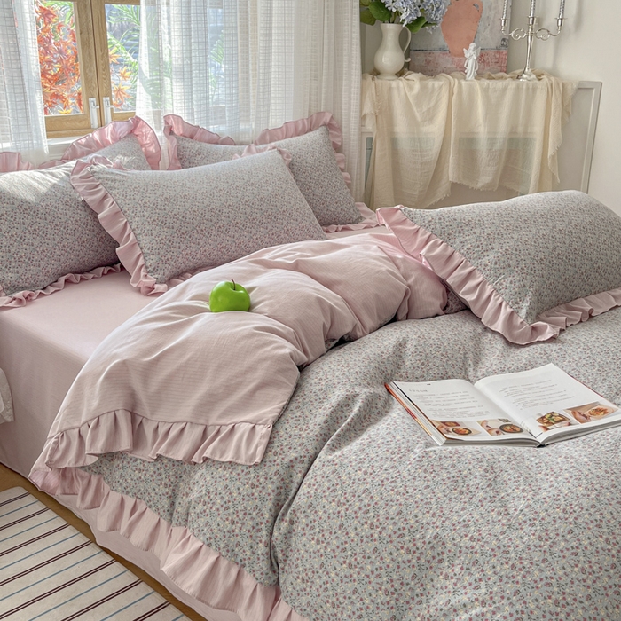 库里梦家纺 2025新款韩版花边小清新色织水洗双层纱木棉四件套 华美爱恋