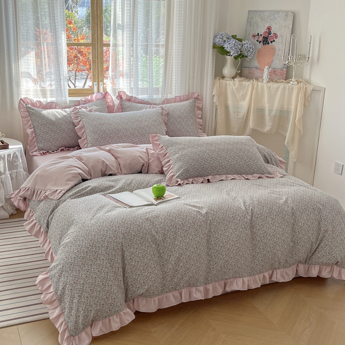 91家纺网 家纺一手货源 找家纺 库里梦家纺 2025新款韩版花边小清新色织水洗双层纱木棉四件套 华美爱恋