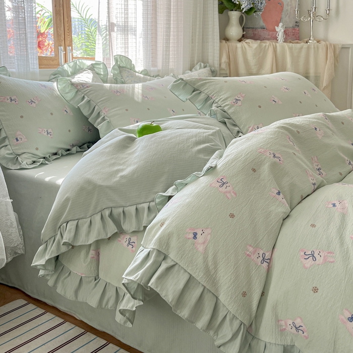 91家纺网 家纺一手货源 找家纺 库里梦家纺 2025新款韩版花边小清新色织水洗双层纱木棉四件套 花园兔