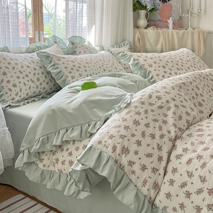 91家纺网 家纺一手货源 找家纺 库里梦家纺 2025新款韩版花边小清新色织水洗双层纱木棉四件套 语彩